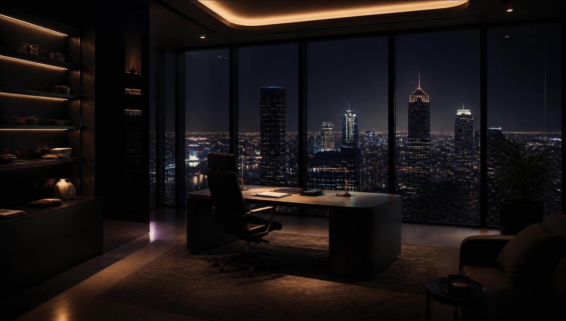Escritório corporativo premium com vista noturna da cidade